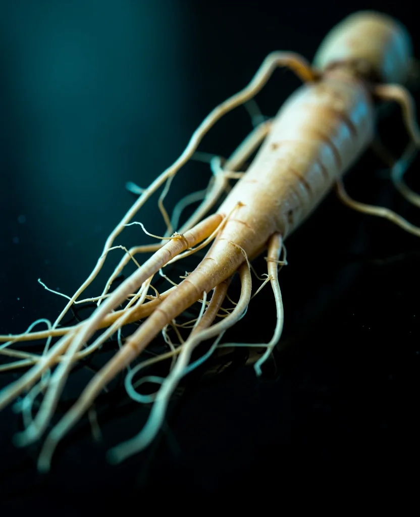 Close-up of a natural ginseng root specimen under blue studio light