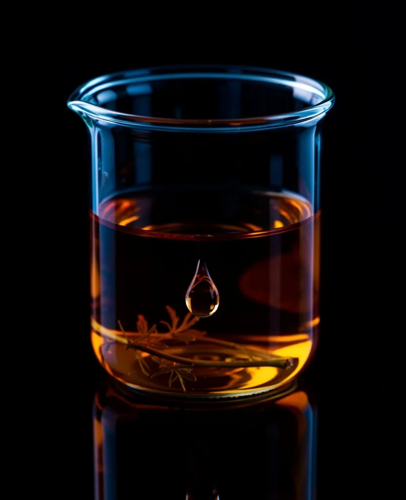 Glass beaker with botanical extract under blue light