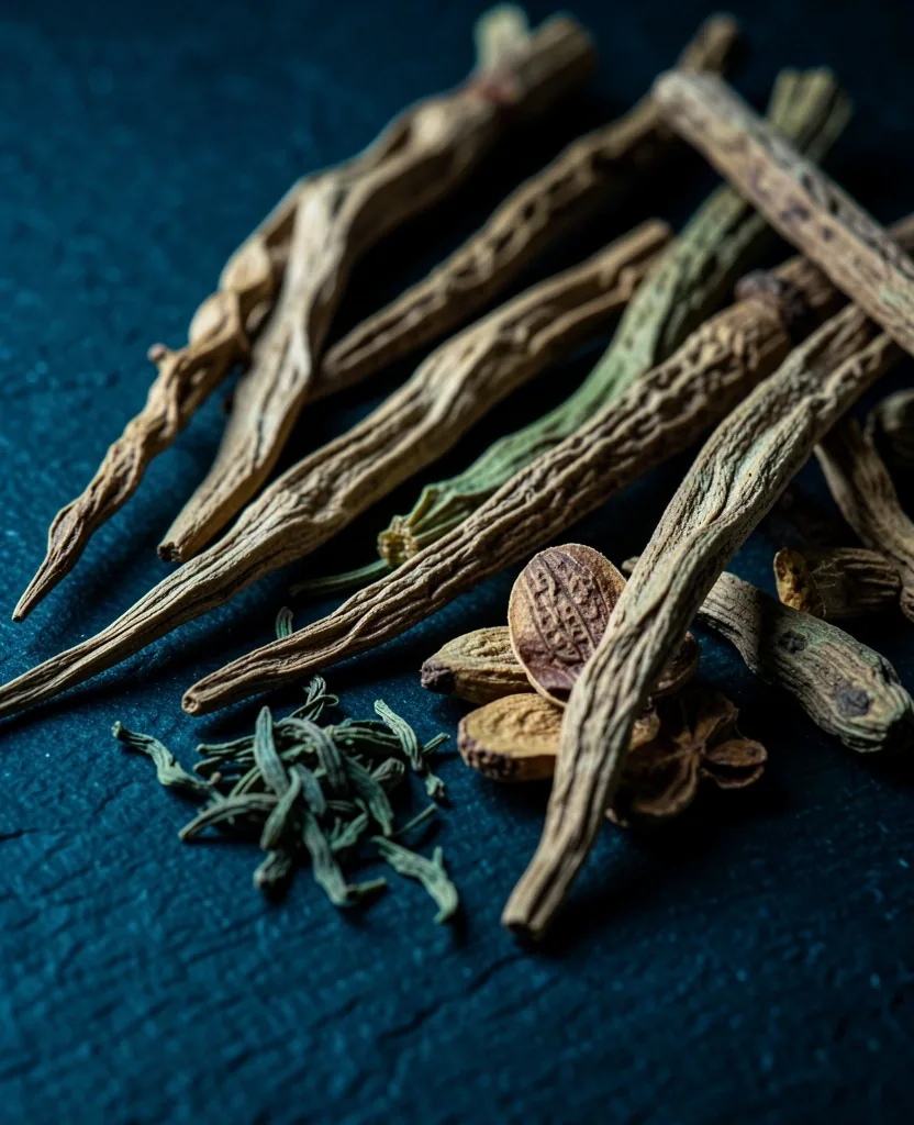 Botanical ingredients on a dark surface