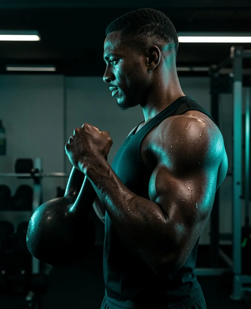 Athletic man training with a kettlebell in dramatic low-key lighting