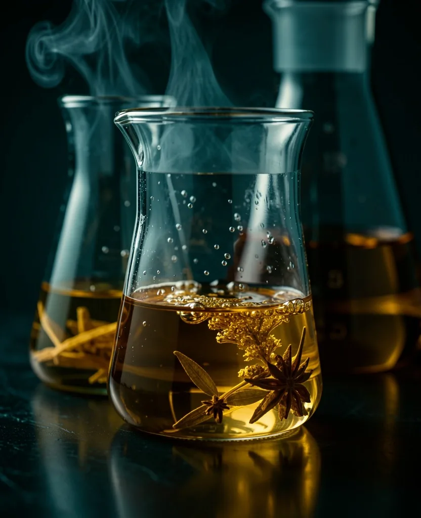 Botanical extracts in dark glass laboratory beakers