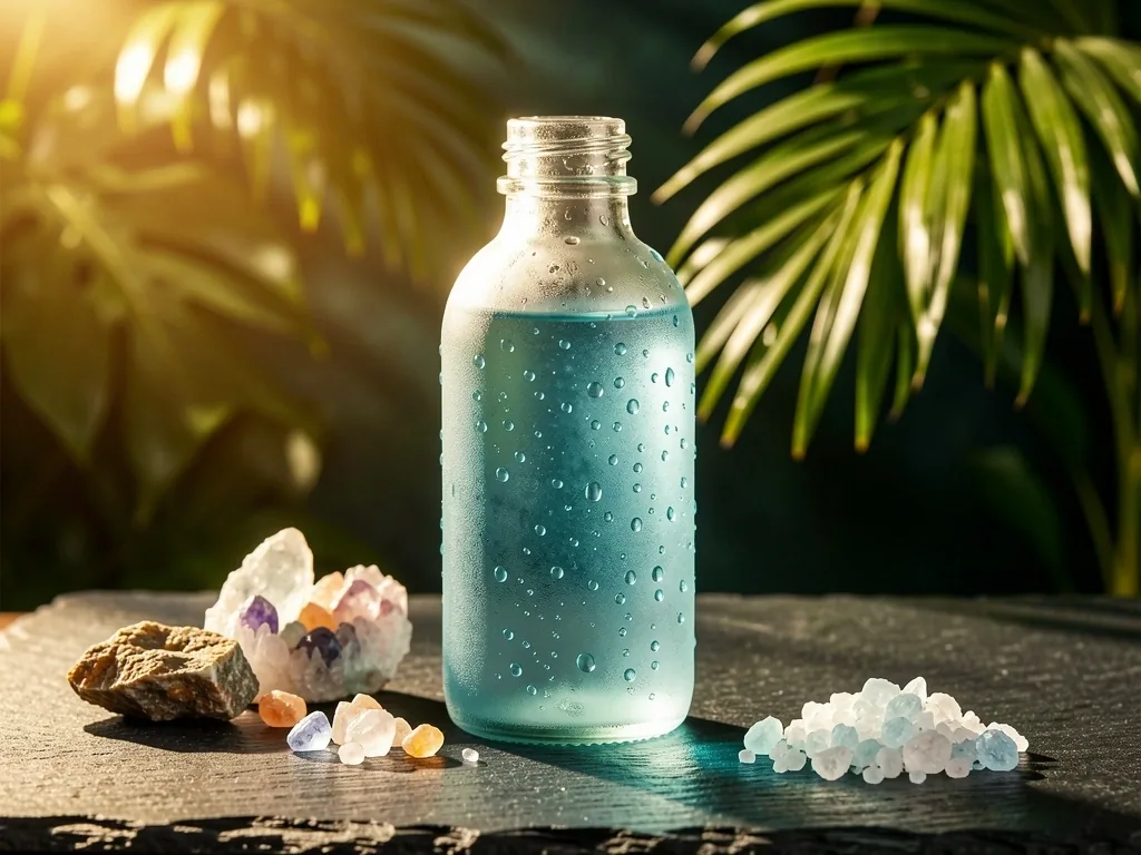 Glass water bottle with mineral water on a dark surface