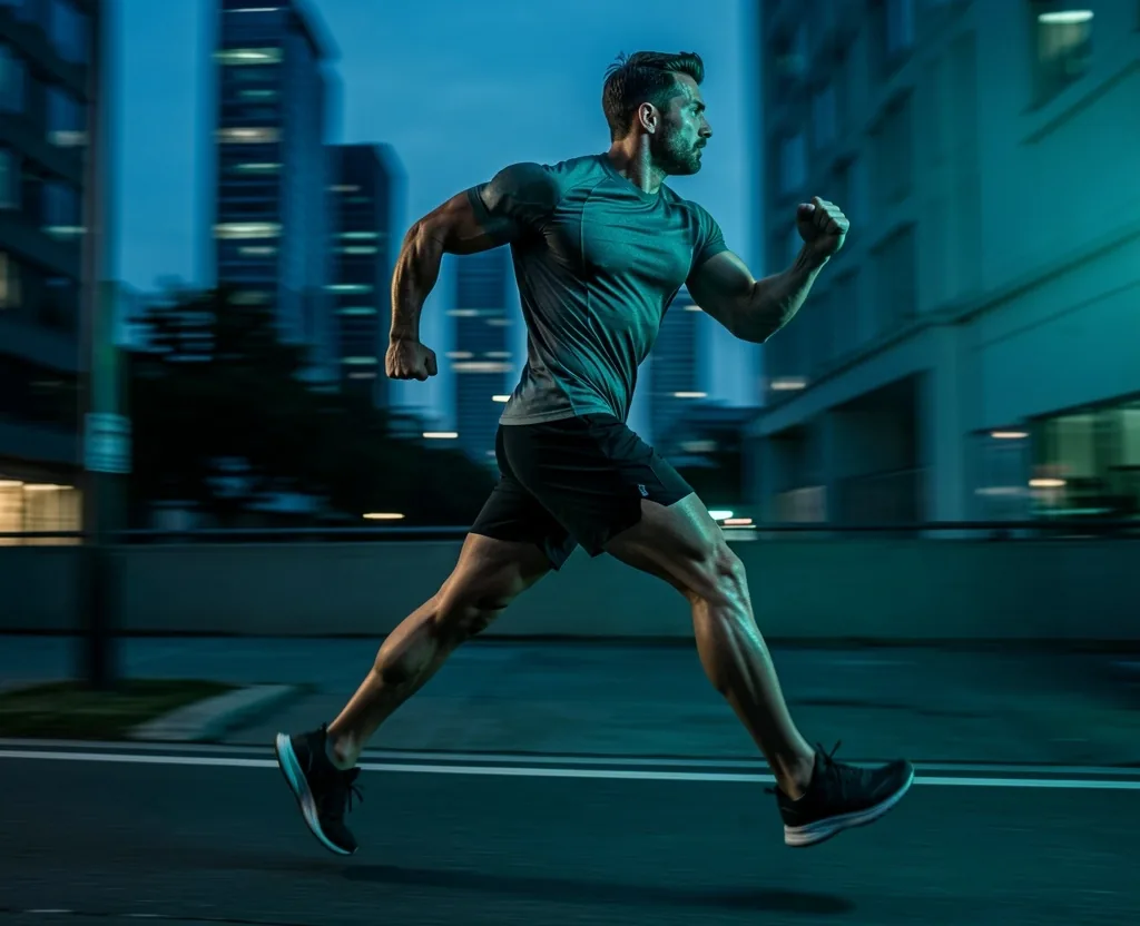 Man running outdoors at blue hour