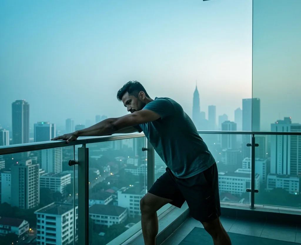 Man stretching on a balcony at dawn over a city skyline
