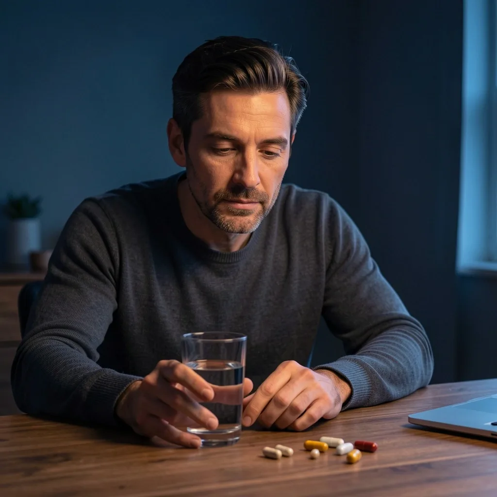 Man at a desk with water and natural capsules