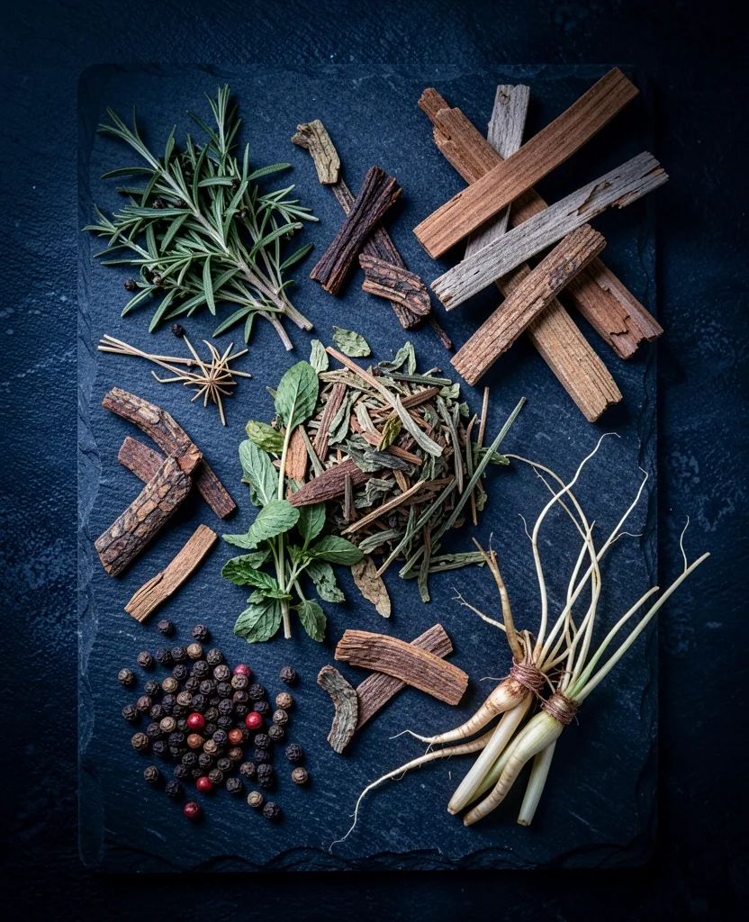 Traditional botanical ingredients on a dark surface