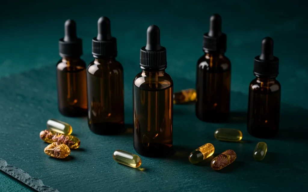 Amber glass bottles on a dark surface