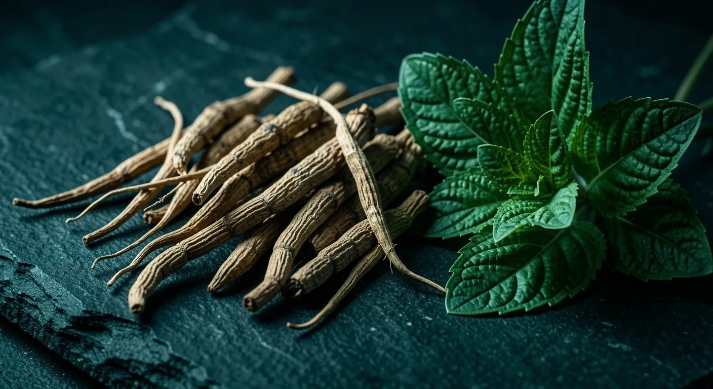 Dried adaptogenic herbs on dark stone