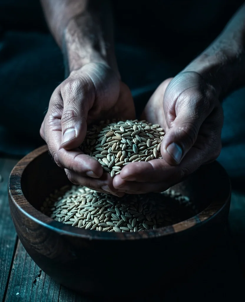 Hands holding grains over a dark bowl