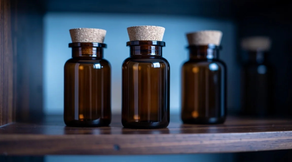 Amber glass supplement bottles in storage